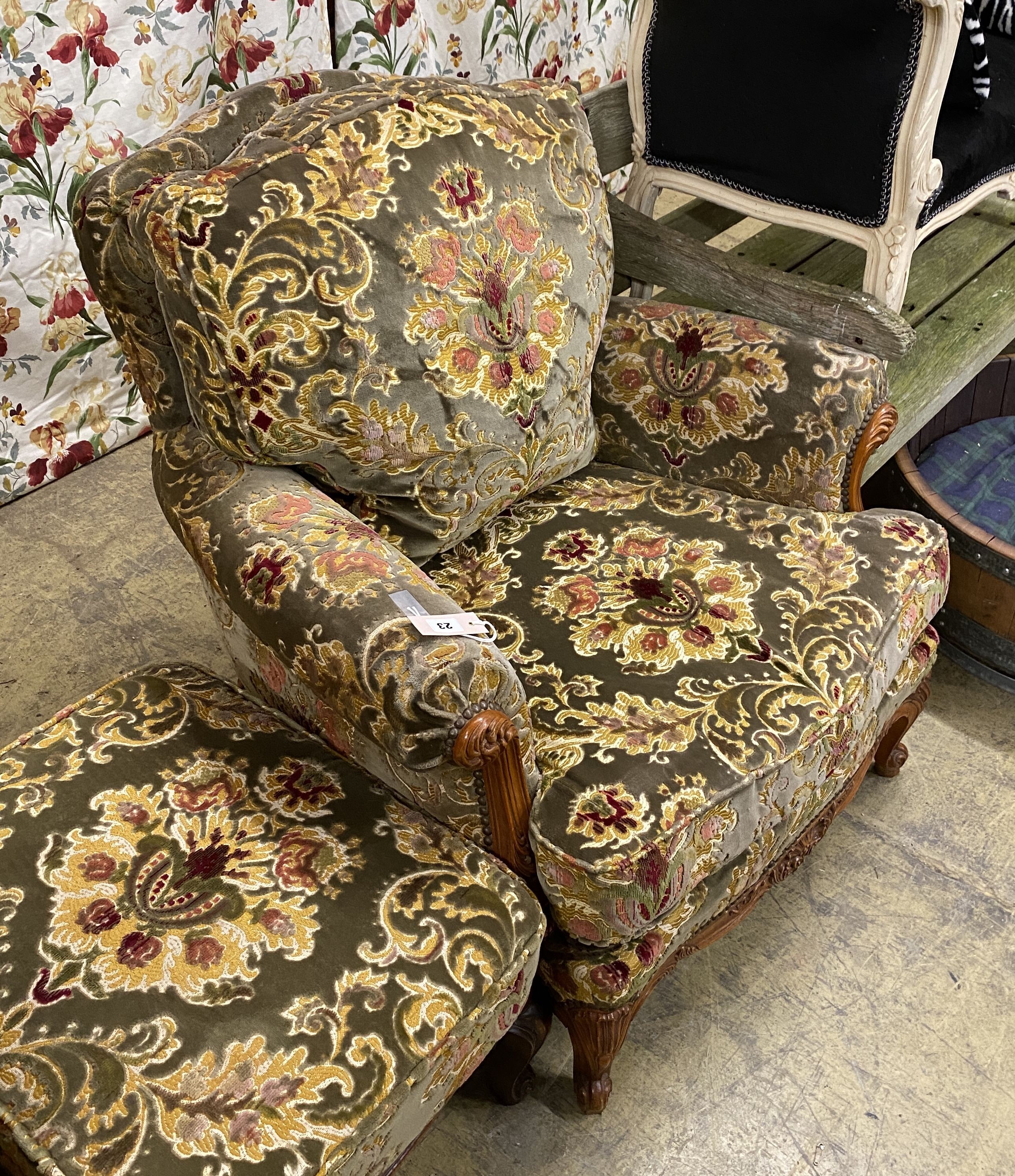 A pair of Louis XVI style armchairs, width 90cm, depth 86cm, height 82cm and a stool